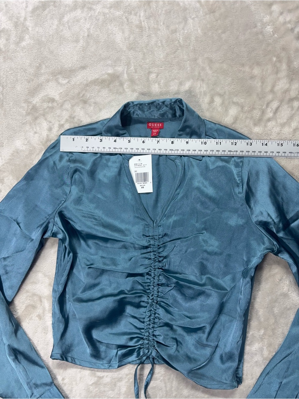 Teal Satin Ruched Crop Blouse XS Y2K City Girl Tie Front Top Chic - Picture 9 of 11